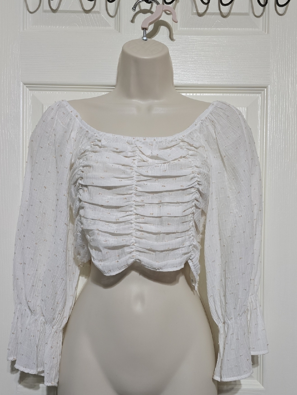 Zara White Ruched Peasant Crop Top with Puff Sleeves